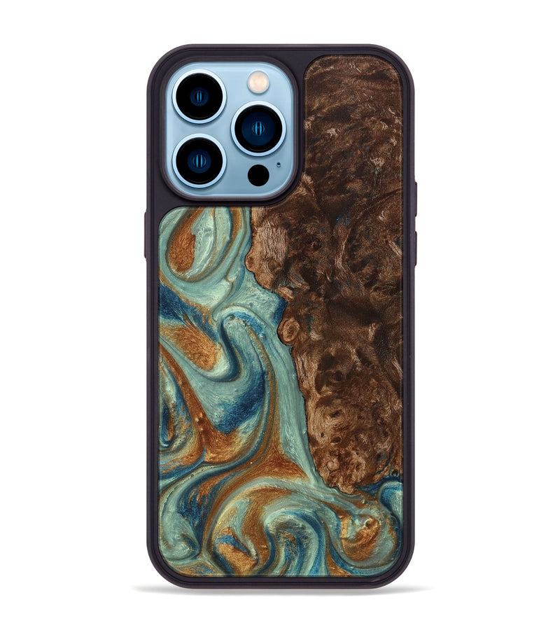 iPhone 14 Pro Max Wood+Resin Phone Case - Matias (Teal & Gold, 711805)