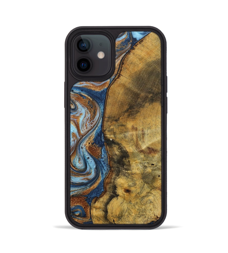 iPhone 12 Wood+Resin Phone Case - Devonte (Teal & Gold, 711807)