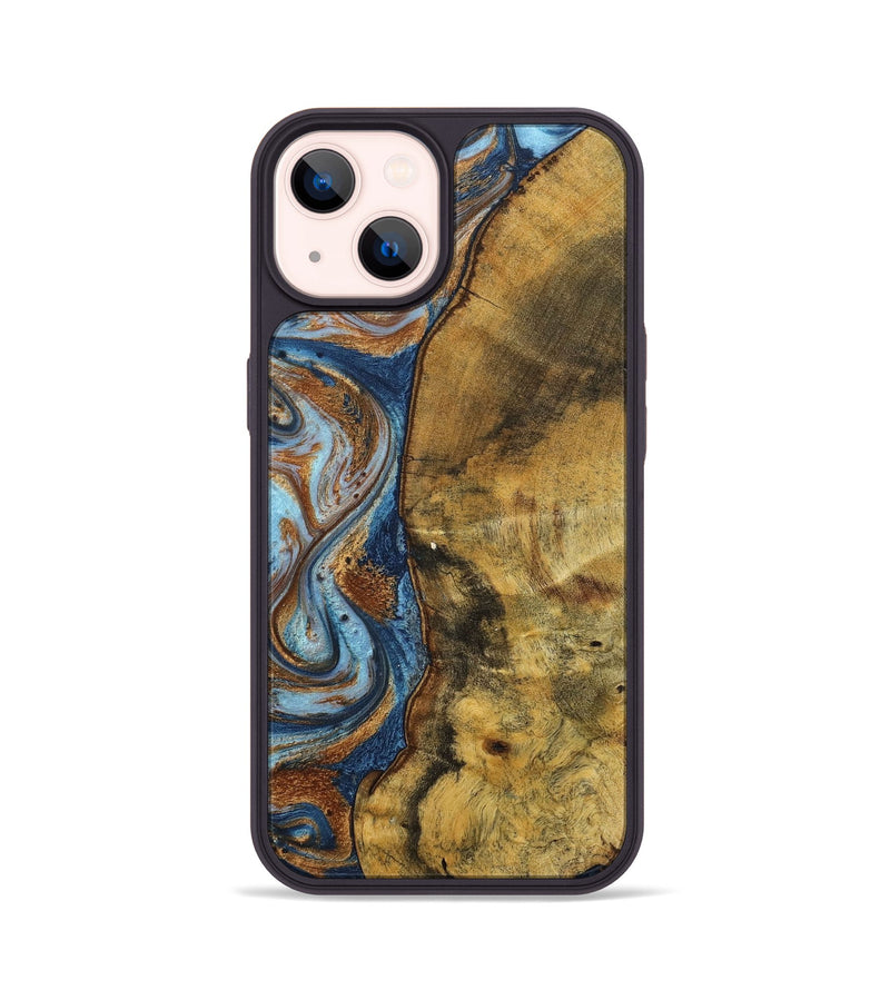 iPhone 14 Wood+Resin Phone Case - Devonte (Teal & Gold, 711807)