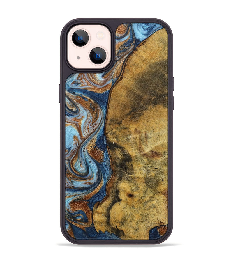iPhone 14 Plus Wood+Resin Phone Case - Devonte (Teal & Gold, 711807)