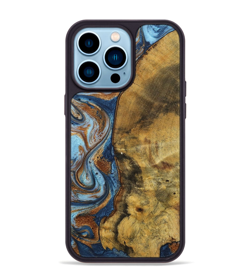 iPhone 14 Pro Max Wood+Resin Phone Case - Devonte (Teal & Gold, 711807)