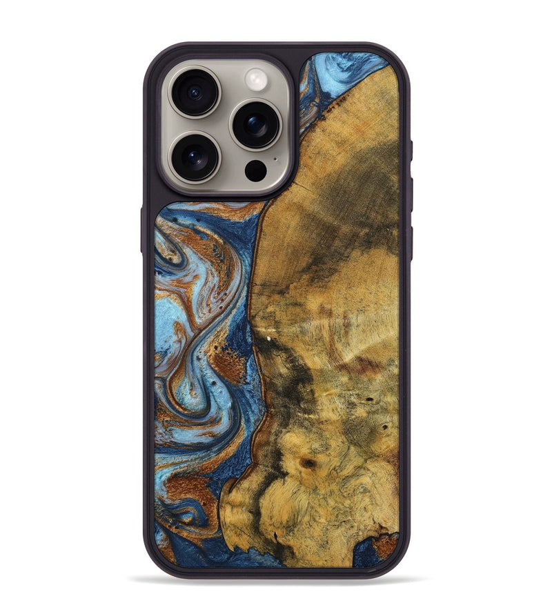 iPhone 15 Pro Max Wood+Resin Phone Case - Devonte (Teal & Gold, 711807)