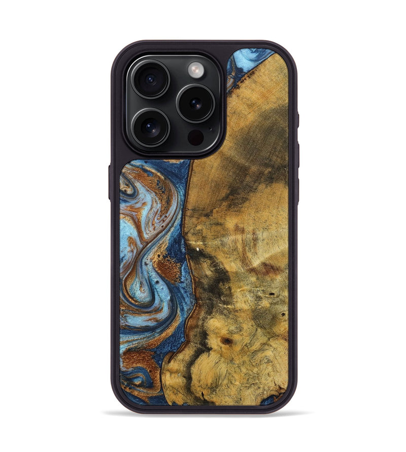 iPhone 15 Pro Wood+Resin Phone Case - Devonte (Teal & Gold, 711807)