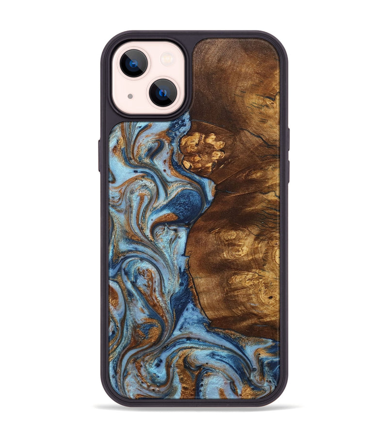 iPhone 14 Plus Wood+Resin Phone Case - Jada (Teal & Gold, 711808)