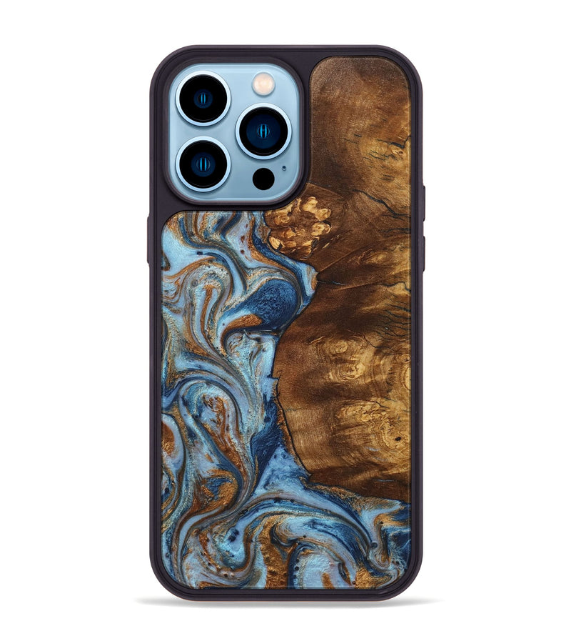 iPhone 14 Pro Max Wood+Resin Phone Case - Jada (Teal & Gold, 711808)