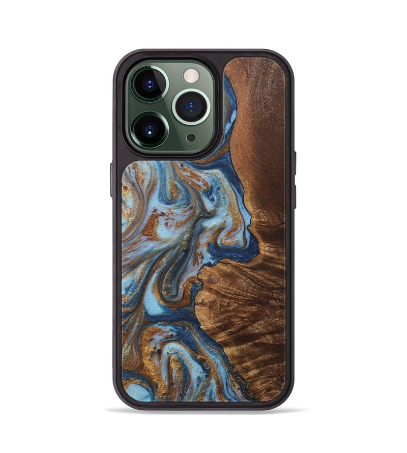 iPhone 13 Pro Wood+Resin Phone Case - Alessandra (Teal & Gold, 711811)