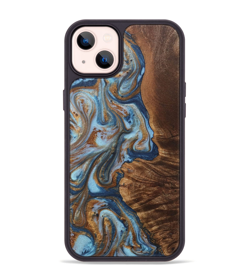 iPhone 14 Plus Wood+Resin Phone Case - Alessandra (Teal & Gold, 711811)