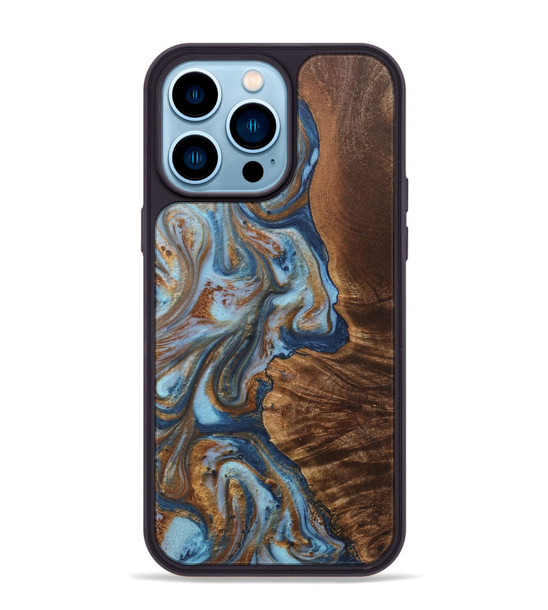 iPhone 14 Pro Max Wood+Resin Phone Case - Alessandra (Teal & Gold, 711811)