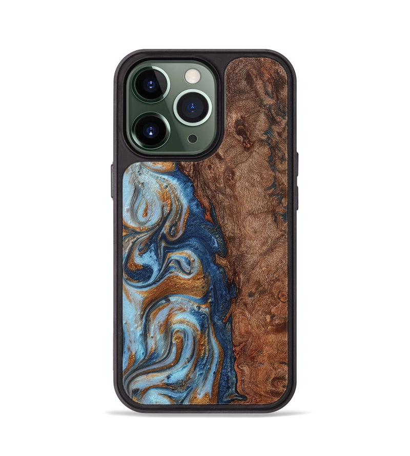 iPhone 13 Pro Wood+Resin Phone Case - Trista (Teal & Gold, 711812)