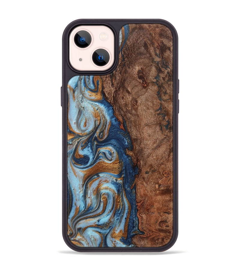 iPhone 14 Plus Wood+Resin Phone Case - Trista (Teal & Gold, 711812)
