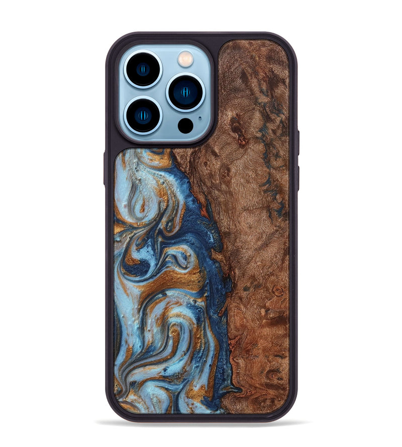 iPhone 14 Pro Max Wood+Resin Phone Case - Trista (Teal & Gold, 711812)