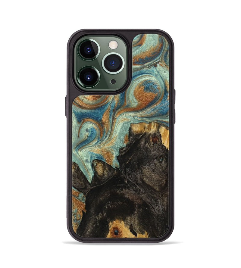 iPhone 13 Pro Wood+Resin Phone Case - Charles (Teal & Gold, 711813)