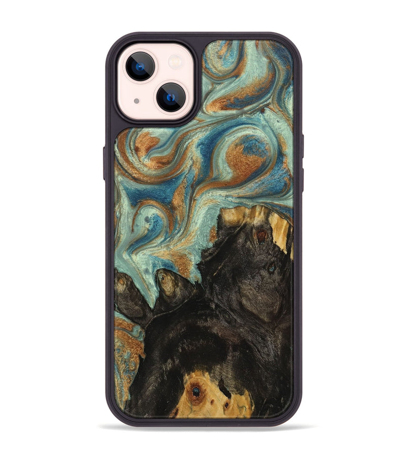 iPhone 14 Plus Wood+Resin Phone Case - Charles (Teal & Gold, 711813)