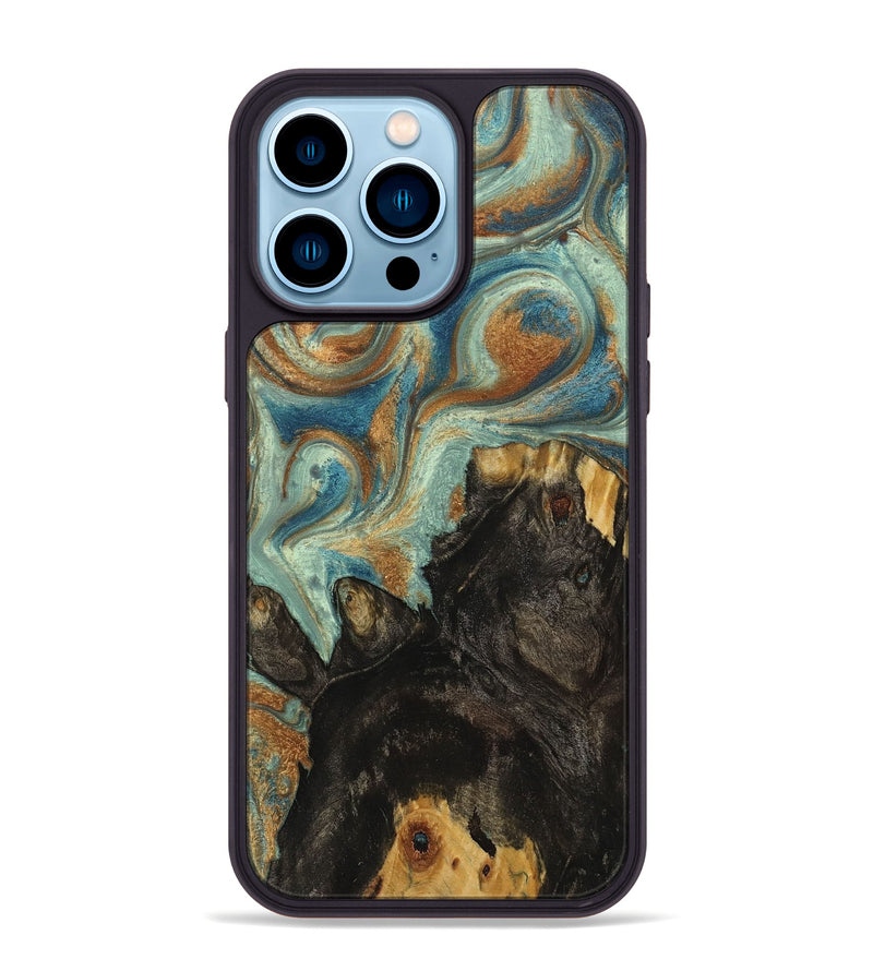 iPhone 14 Pro Max Wood+Resin Phone Case - Charles (Teal & Gold, 711813)