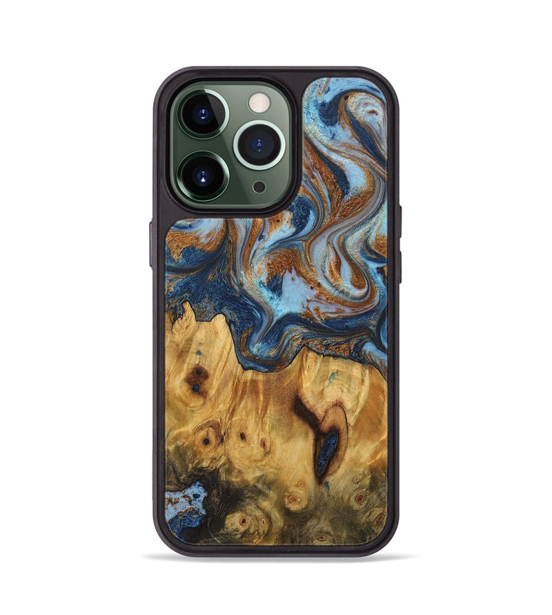 iPhone 13 Pro Wood+Resin Phone Case - Sasha (Teal & Gold, 711814)