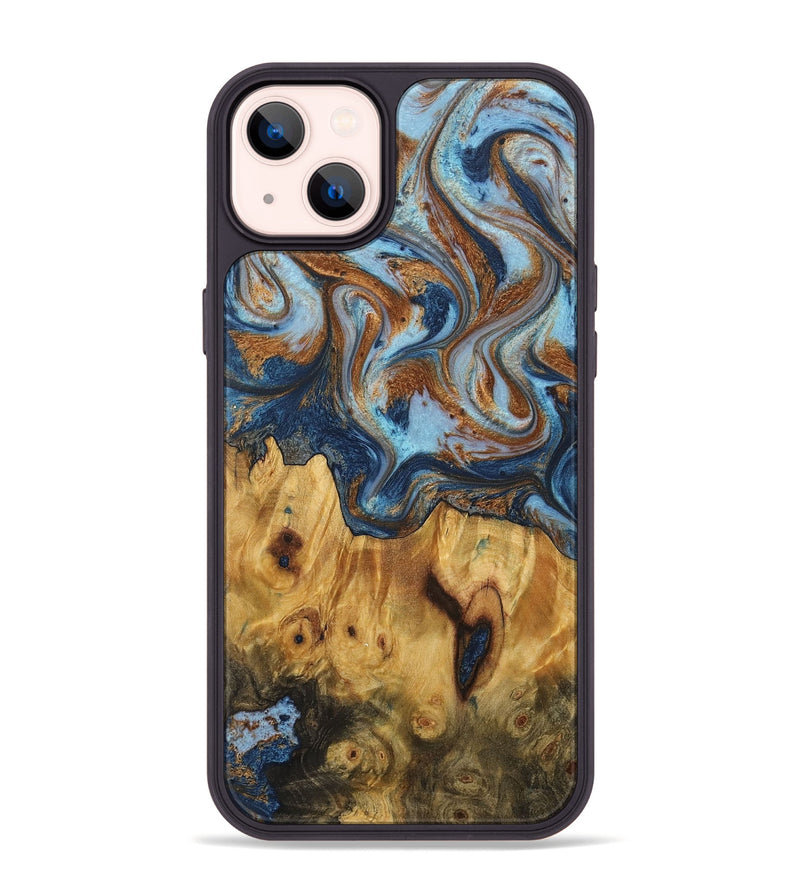 iPhone 14 Plus Wood+Resin Phone Case - Sasha (Teal & Gold, 711814)