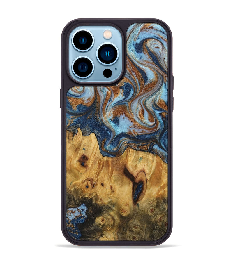 iPhone 14 Pro Max Wood+Resin Phone Case - Sasha (Teal & Gold, 711814)