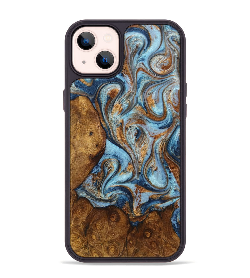 iPhone 14 Plus Wood+Resin Phone Case - Jett (Teal & Gold, 711816)