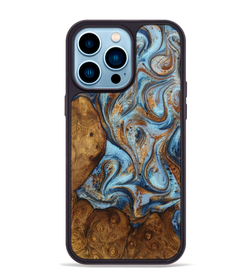 iPhone 14 Pro Max Wood+Resin Phone Case - Jett (Teal & Gold, 711816)