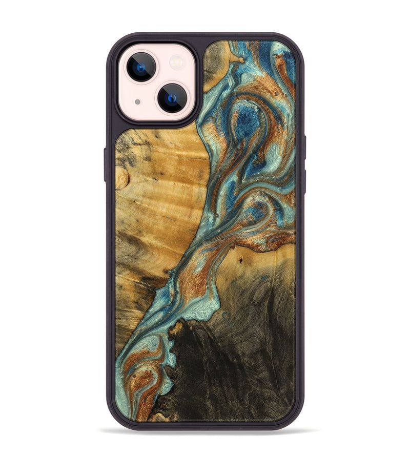 iPhone 14 Plus Wood+Resin Phone Case - Eduardo (Teal & Gold, 711817)