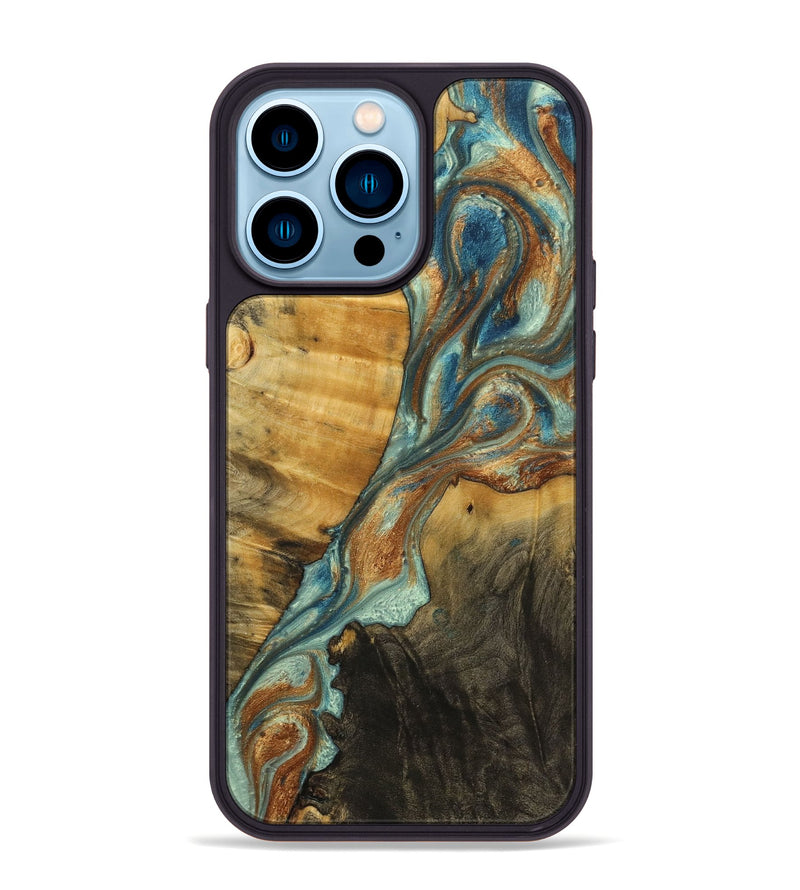 iPhone 14 Pro Max Wood+Resin Phone Case - Eduardo (Teal & Gold, 711817)