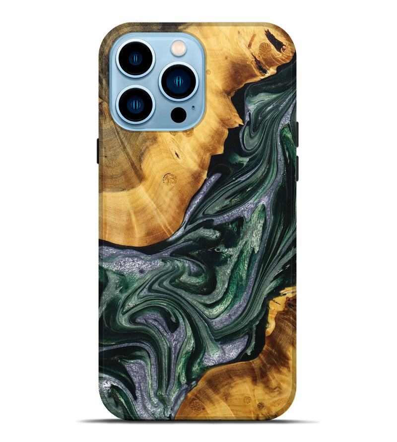 iPhone 14 Pro Max Wood+Resin Live Edge Phone Case - Amy (Green, 711895)