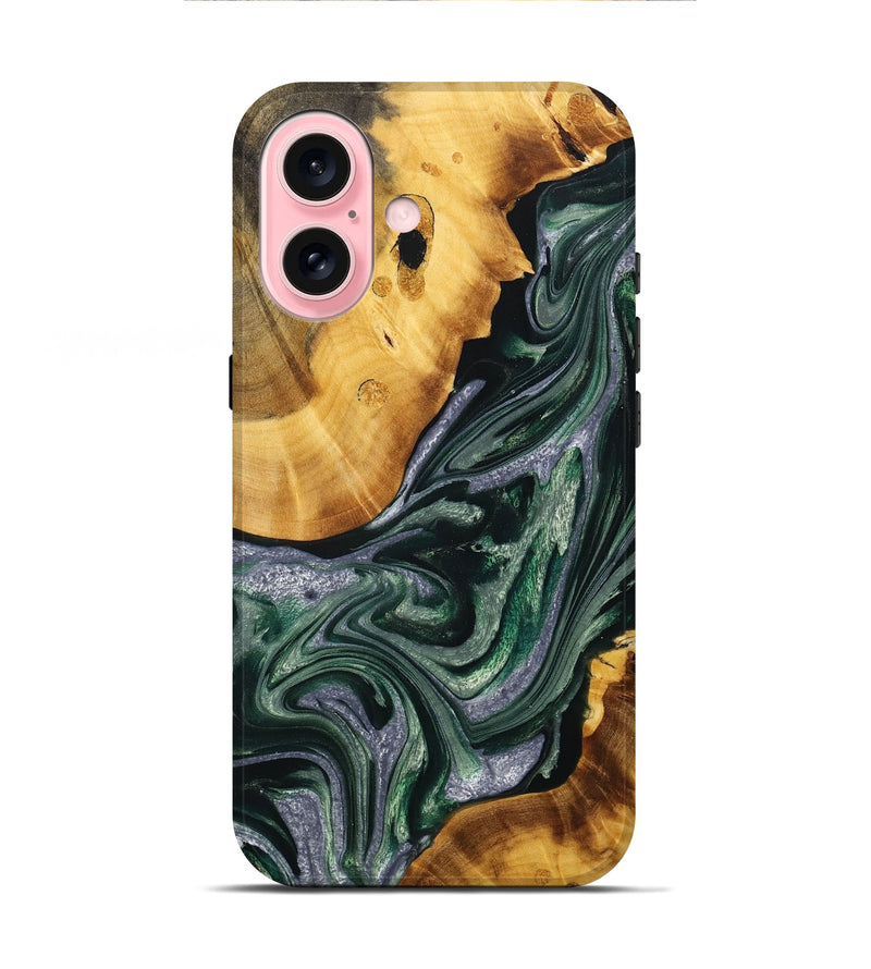 iPhone 16 Wood+Resin Live Edge Phone Case - Amy (Green, 711895)