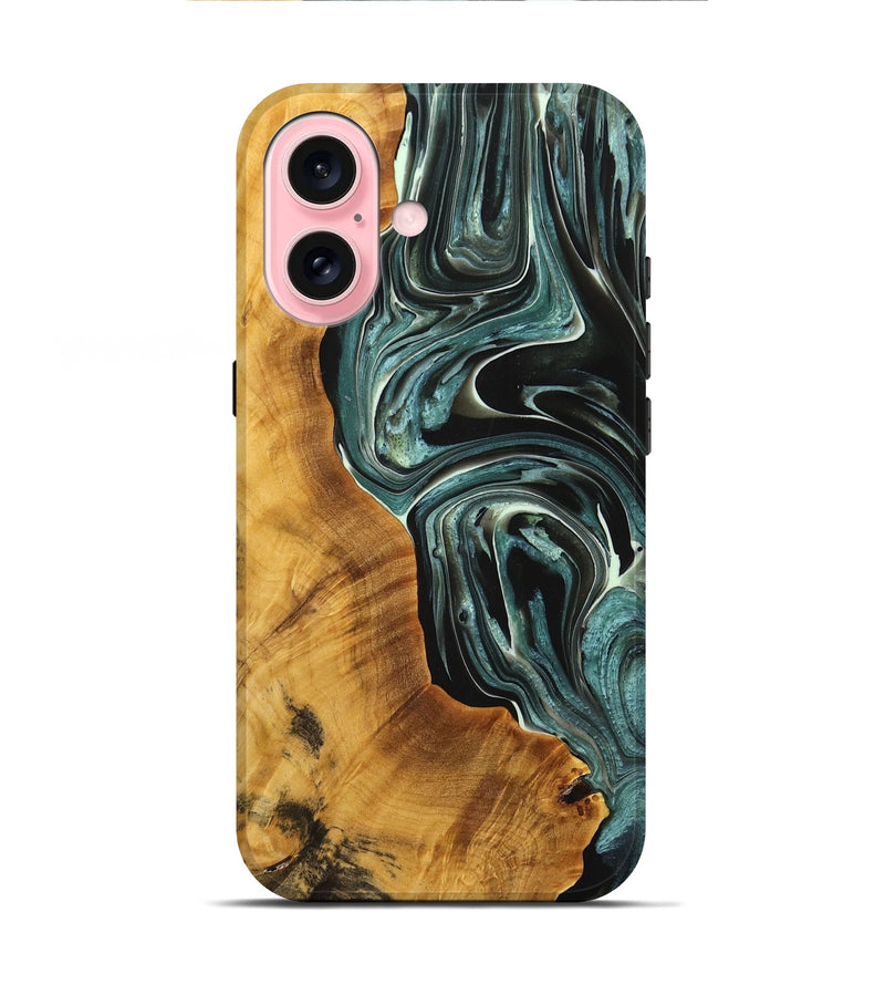 iPhone 16 Wood+Resin Live Edge Phone Case - Nettie (Green, 711903)