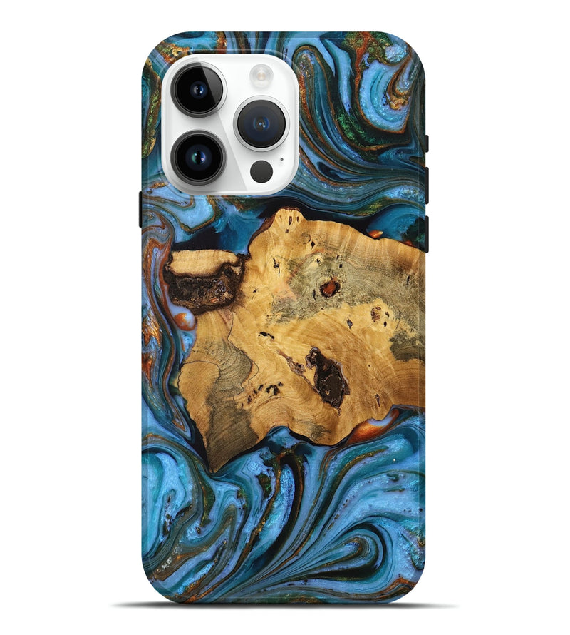 iPhone 15 Pro Max Wood+Resin Live Edge Phone Case - Fern (Teal & Gold, 711914)