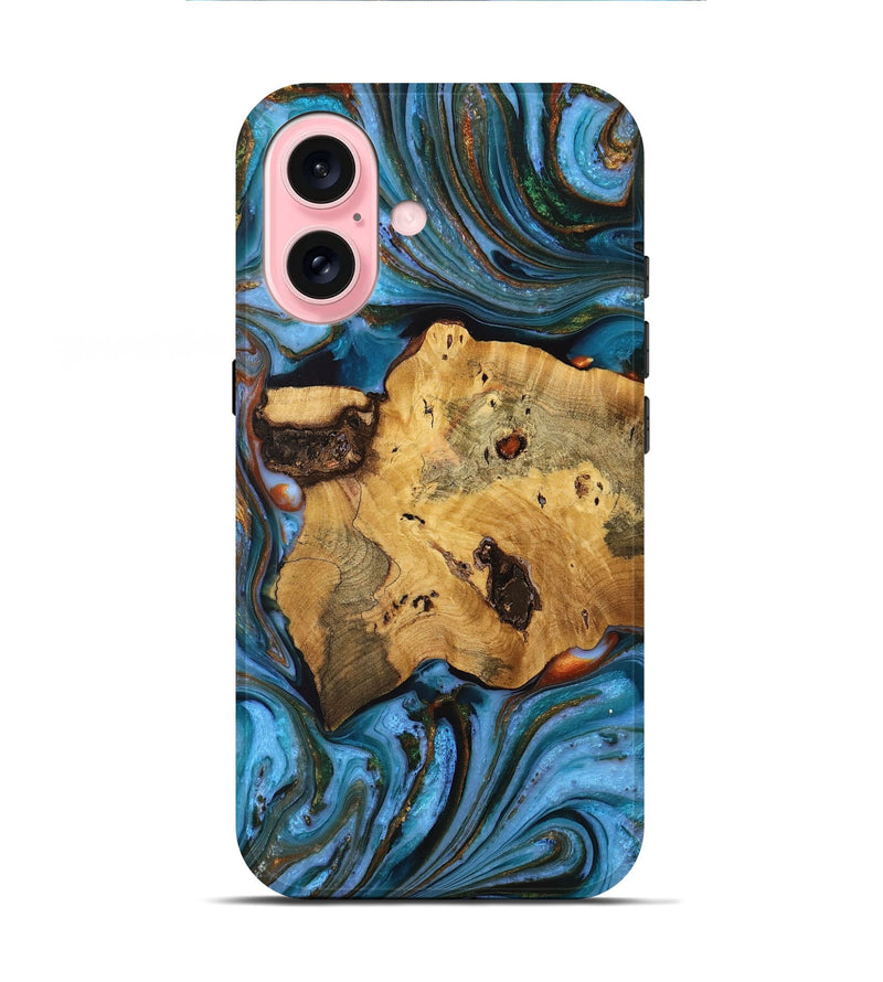 iPhone 16 Wood+Resin Live Edge Phone Case - Fern (Teal & Gold, 711914)