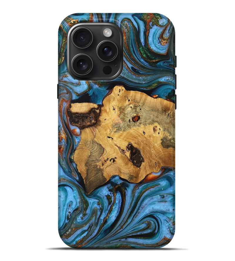 iPhone 16 Pro Max Wood+Resin Live Edge Phone Case - Fern (Teal & Gold, 711914)