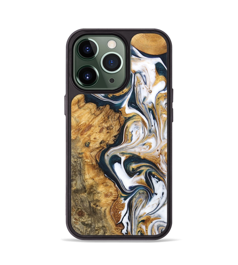 iPhone 13 Pro Wood+Resin Phone Case - Junior (Teal & Gold, 711994)