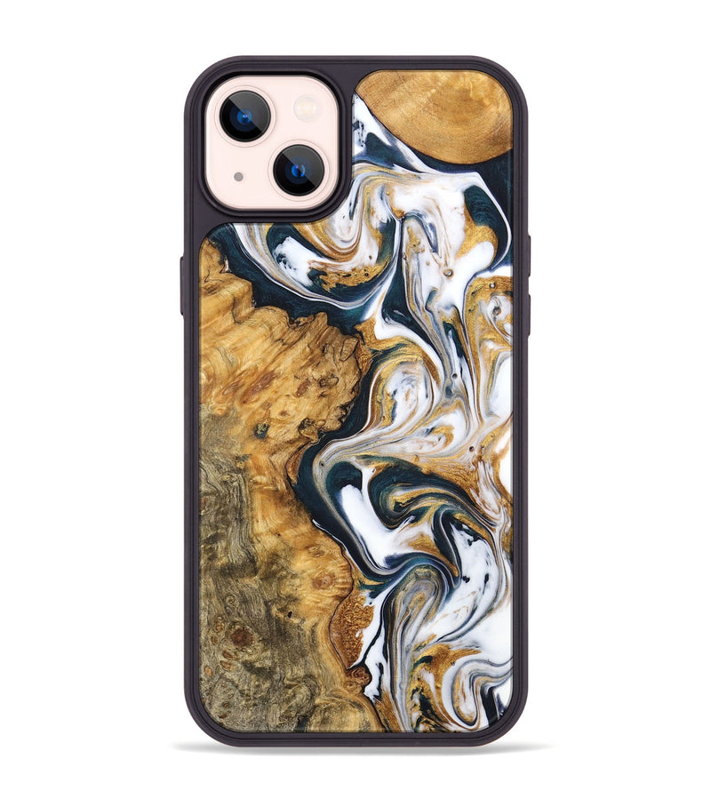 iPhone 14 Plus Wood+Resin Phone Case - Junior (Teal & Gold, 711994)