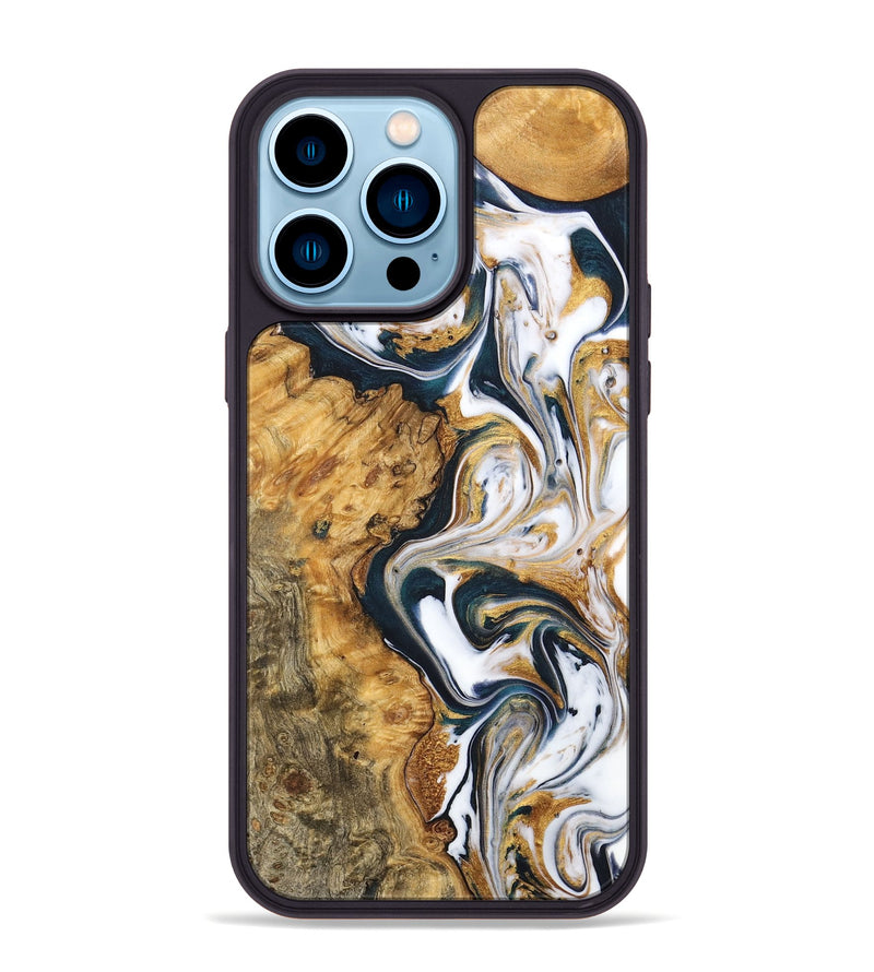 iPhone 14 Pro Max Wood+Resin Phone Case - Junior (Teal & Gold, 711994)