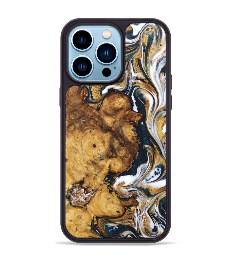 iPhone 14 Pro Max Wood+Resin Phone Case - Caleb (Teal & Gold, 711998)