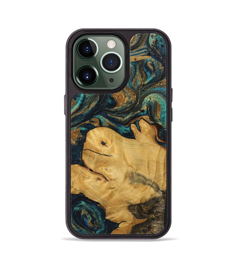 iPhone 13 Pro Wood+Resin Phone Case - Jazmine (Teal & Gold, 712261)