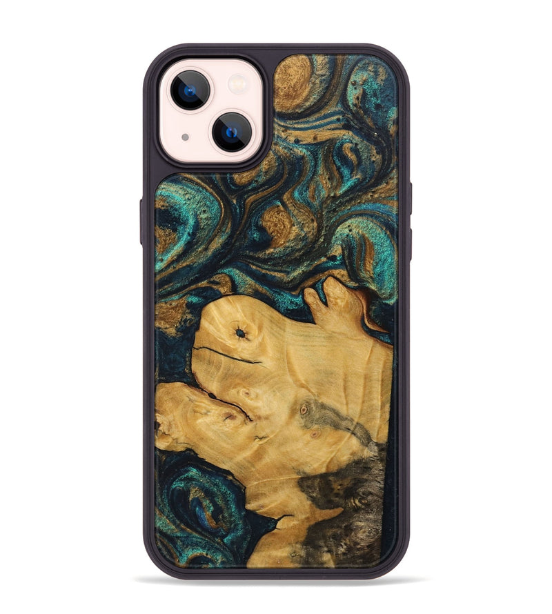 iPhone 14 Plus Wood+Resin Phone Case - Jazmine (Teal & Gold, 712261)
