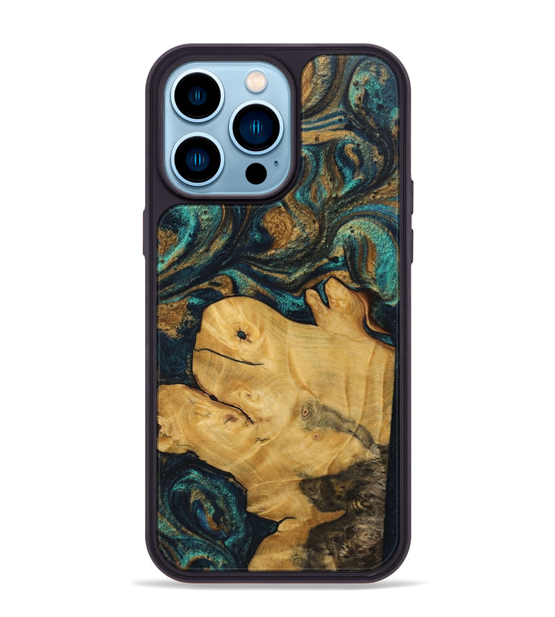 iPhone 14 Pro Max Wood+Resin Phone Case - Jazmine (Teal & Gold, 712261)