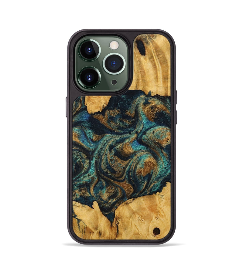 iPhone 13 Pro Wood+Resin Phone Case - Roger (Teal & Gold, 712264)