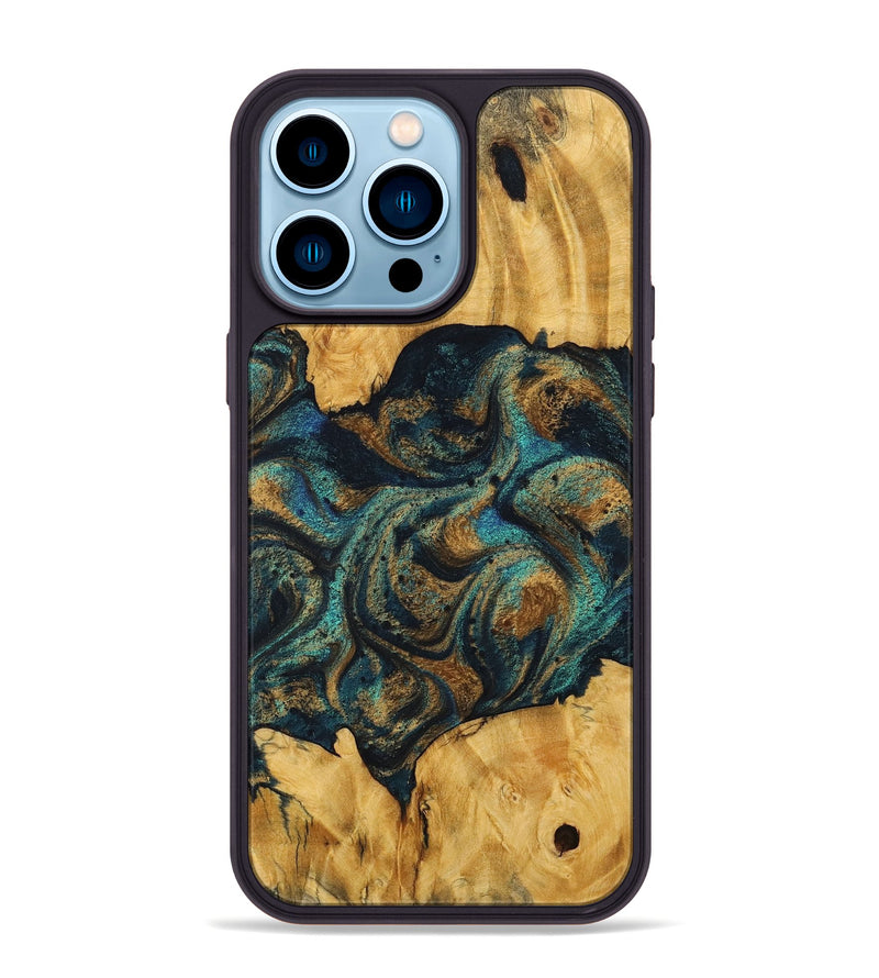 iPhone 14 Pro Max Wood+Resin Phone Case - Roger (Teal & Gold, 712264)