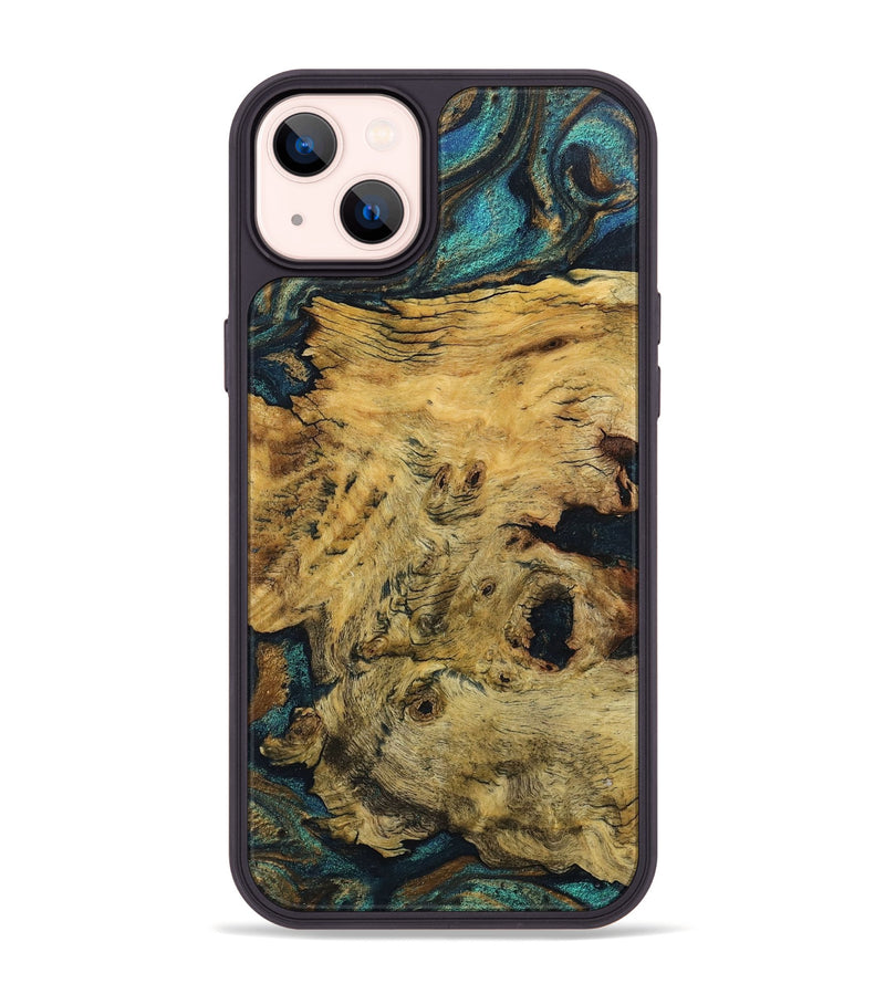 iPhone 14 Plus Wood+Resin Phone Case - Angela (Teal & Gold, 712266)
