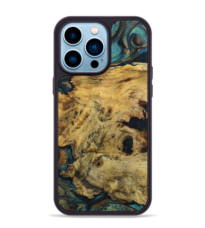 iPhone 14 Pro Max Wood+Resin Phone Case - Angela (Teal & Gold, 712266)