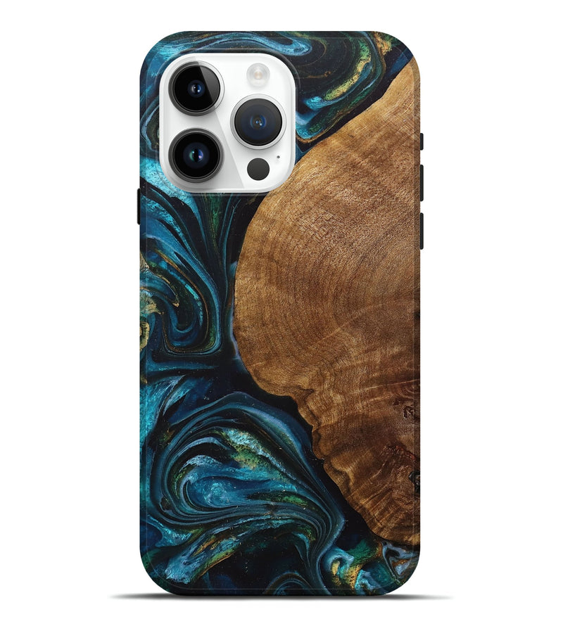 iPhone 15 Pro Max Wood+Resin Live Edge Phone Case - Nolan (Teal & Gold, 712277)