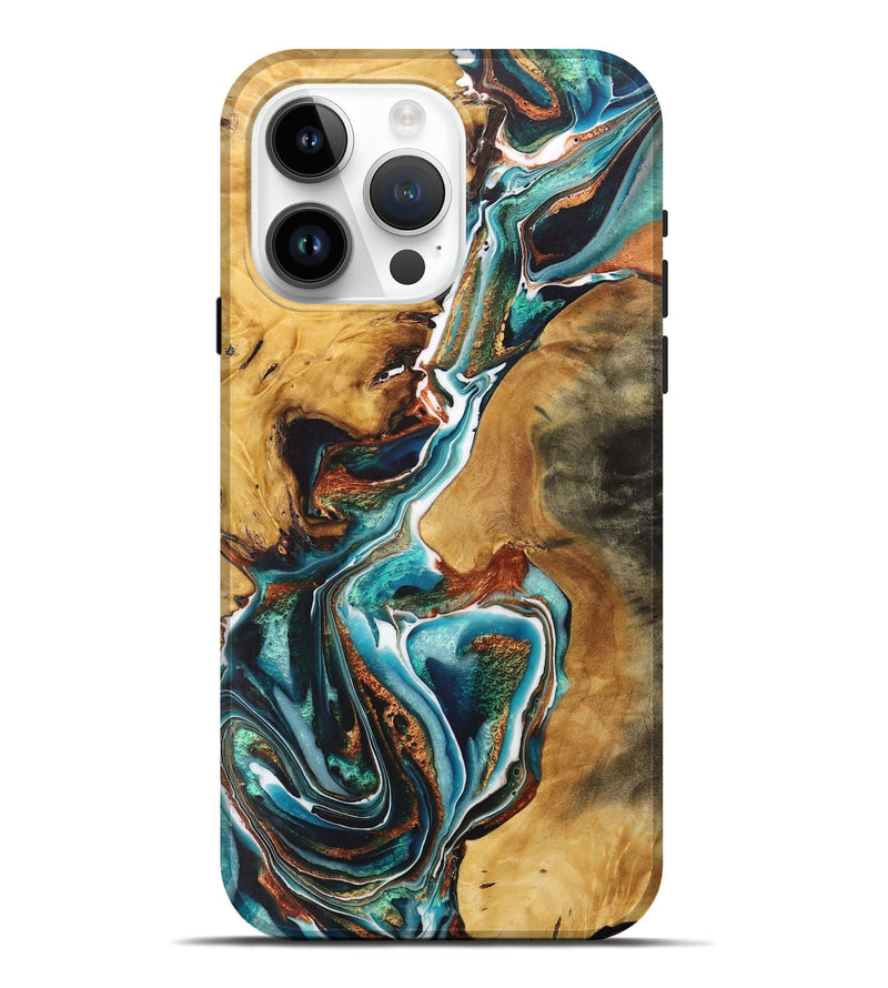 iPhone 15 Pro Max Wood+Resin Live Edge Phone Case - Anna (Teal & Gold, 712278)