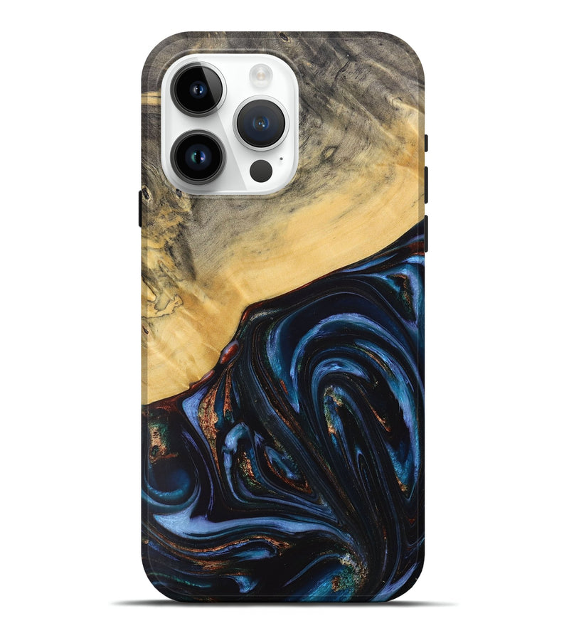 iPhone 15 Pro Max Wood+Resin Live Edge Phone Case - Adrienne (Teal & Gold, 712289)