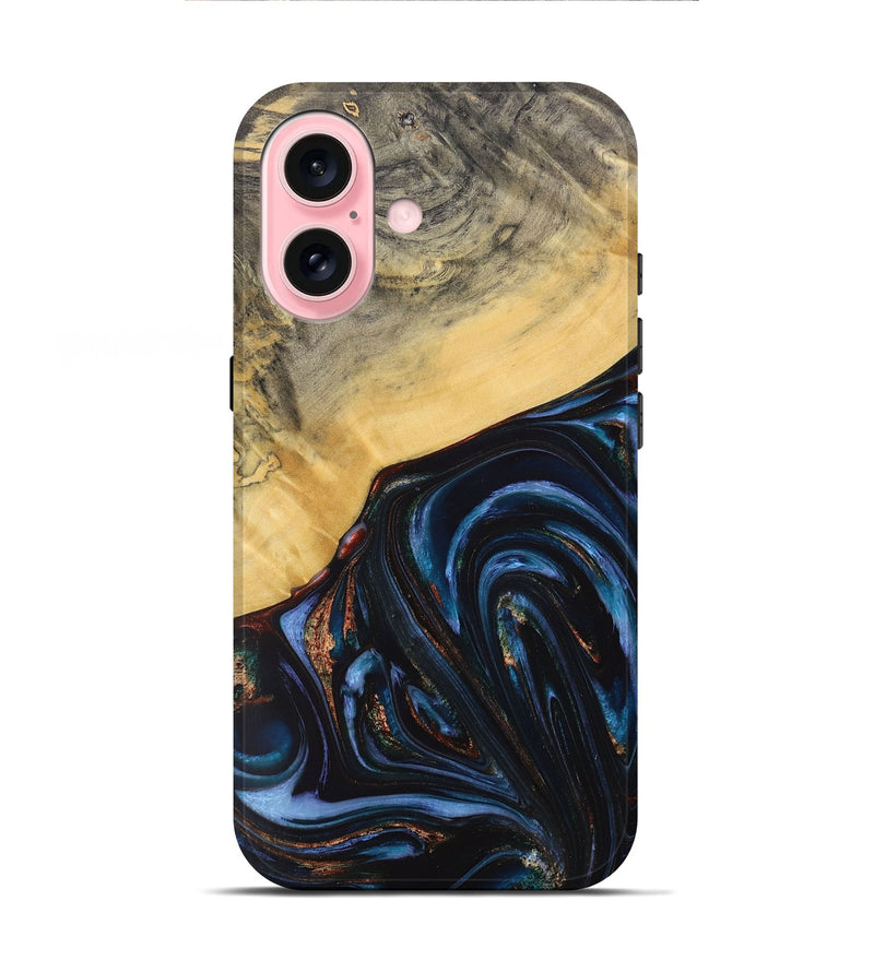 iPhone 16 Wood+Resin Live Edge Phone Case - Adrienne (Teal & Gold, 712289)