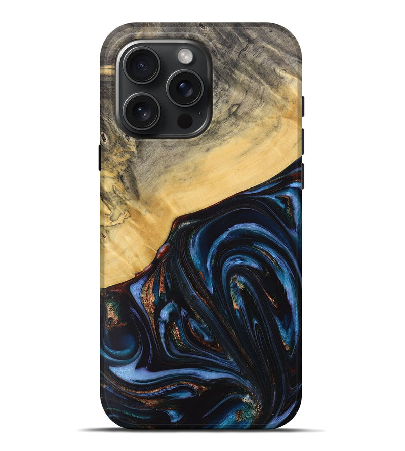 iPhone 16 Pro Max Wood+Resin Live Edge Phone Case - Adrienne (Teal & Gold, 712289)