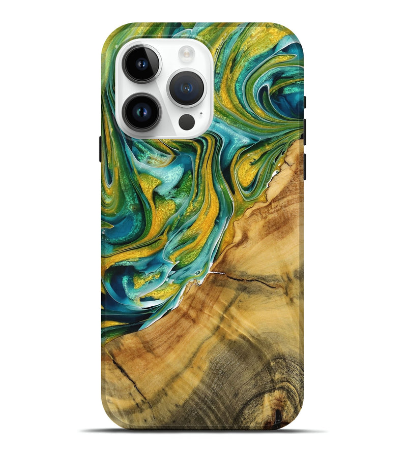 iPhone 15 Pro Max Wood+Resin Live Edge Phone Case - Adonis (Teal & Gold, 712311)