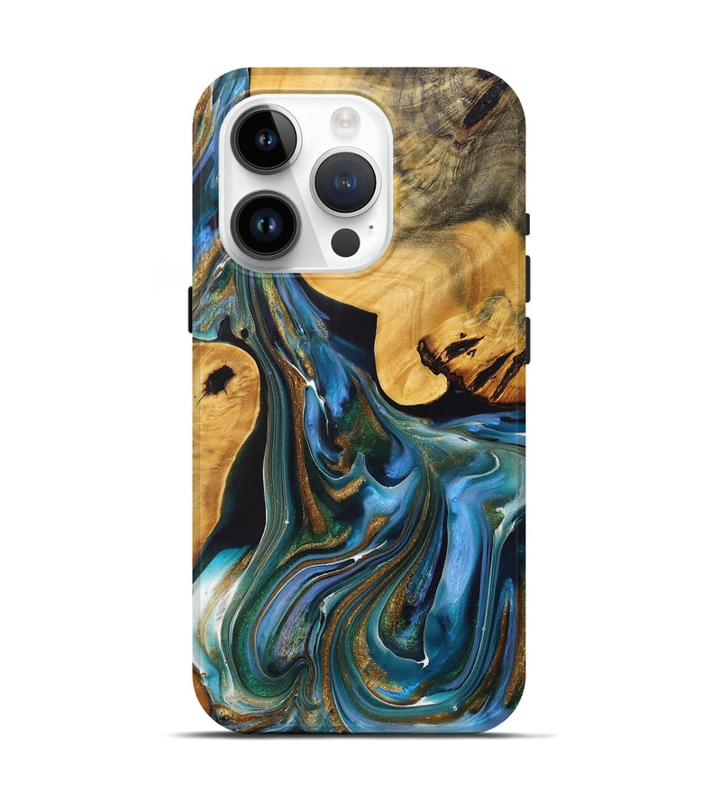 iPhone 15 Pro Wood+Resin Live Edge Phone Case - Nadine (Teal & Gold, 712314)