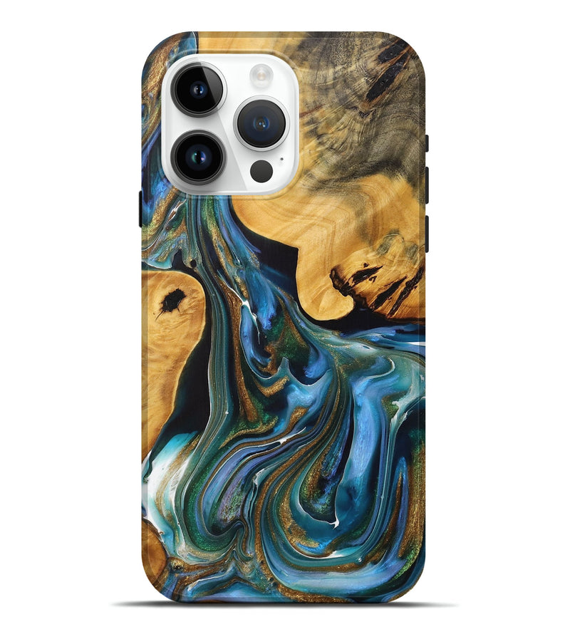 iPhone 15 Pro Max Wood+Resin Live Edge Phone Case - Nadine (Teal & Gold, 712314)